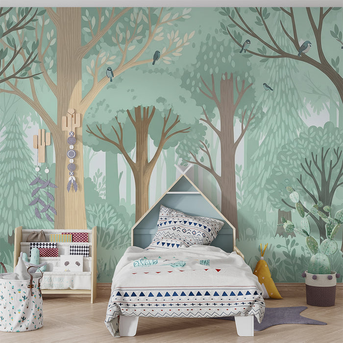 Papel pintado infantil | Bosque encantado con árboles y pájaros coloridos
