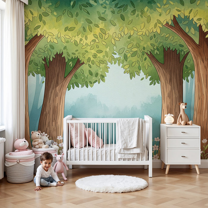 Papel de parede para quarto de criança | Floresta encantada com árvores majestosas e flores delicadas