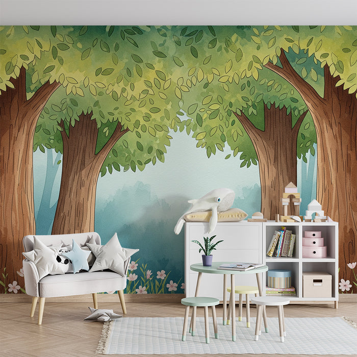 Papel de parede para quarto de criança | Floresta encantada com árvores majestosas e flores delicadas