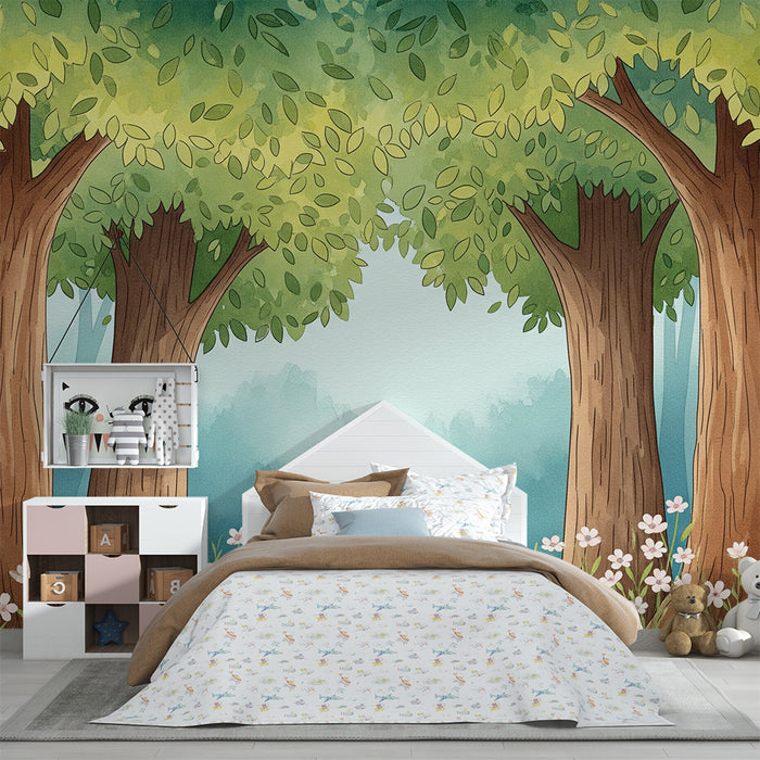Papel de parede para quarto de criança | Floresta encantada com árvores majestosas e flores delicadas
