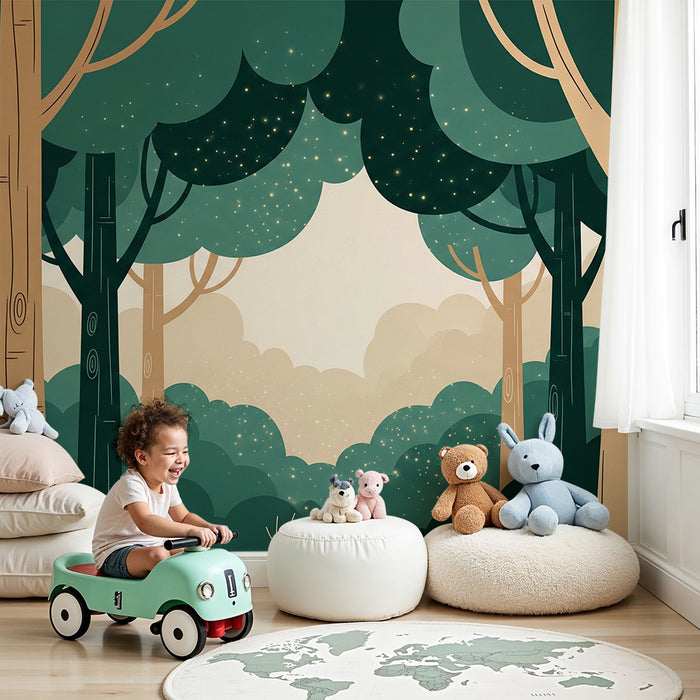 Kids room wallpaper | Enchanted forest with stylized trees and soft light