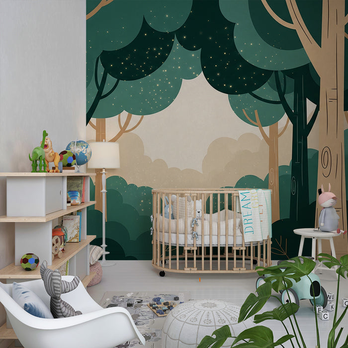 Kids room wallpaper | Enchanted forest with stylized trees and soft light