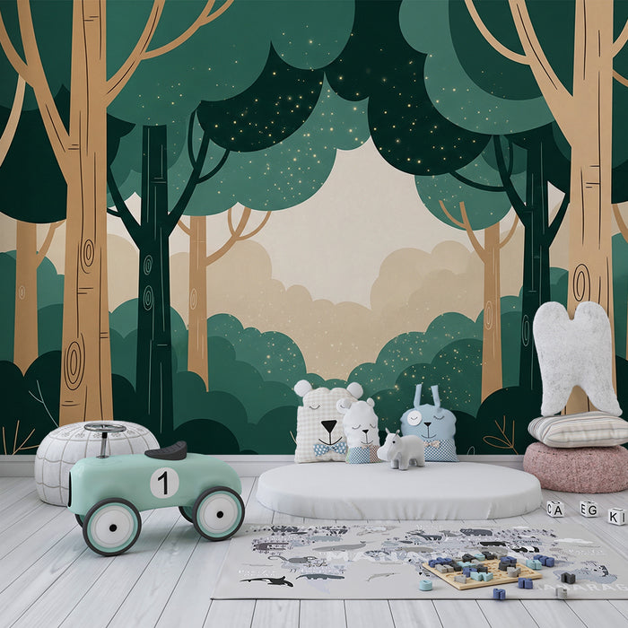Kids room wallpaper | Enchanted forest with stylized trees and soft light