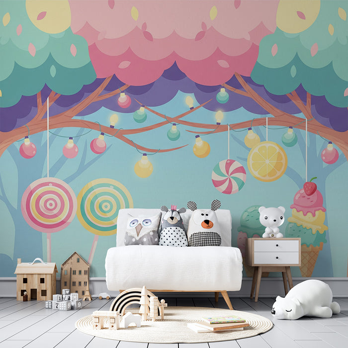 Tapet pentru camera copilului | Pădure fermecată cu bomboane și înghețate colorate