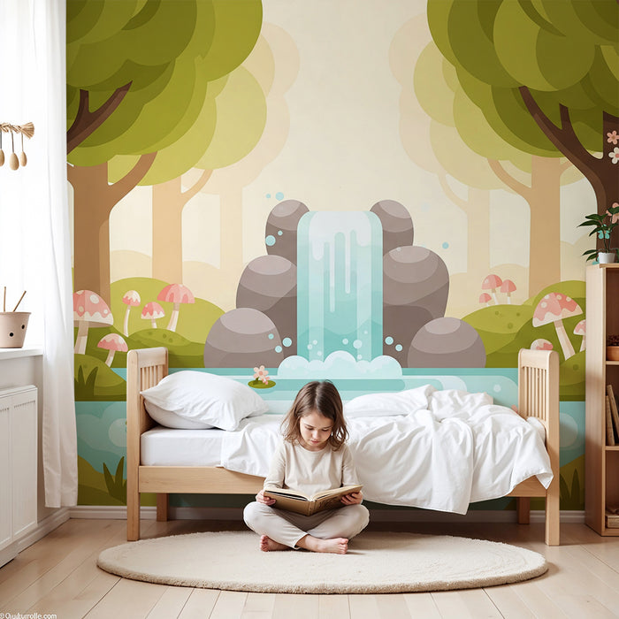 Behang kinderkamer | Magisch bos met waterval en kleurrijke paddenstoelen