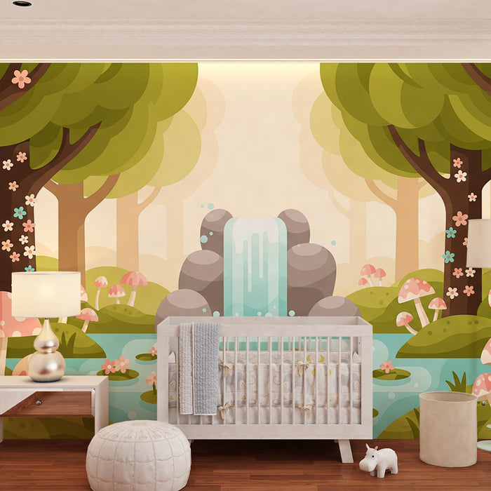 Behang kinderkamer | Magisch bos met waterval en kleurrijke paddenstoelen