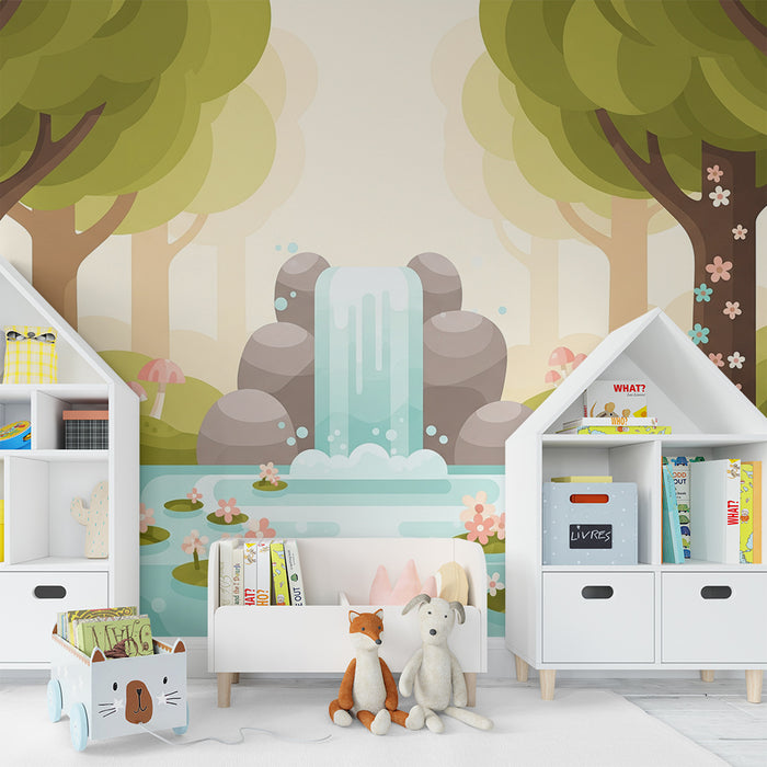 Behang kinderkamer | Magisch bos met waterval en kleurrijke paddenstoelen
