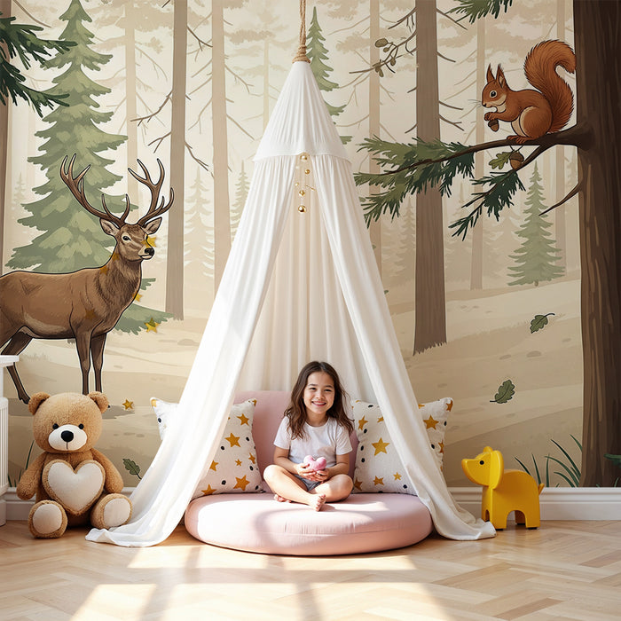 Papier peint chambre enfant | Forêt enchantée avec cerf, écureuil et hérisson