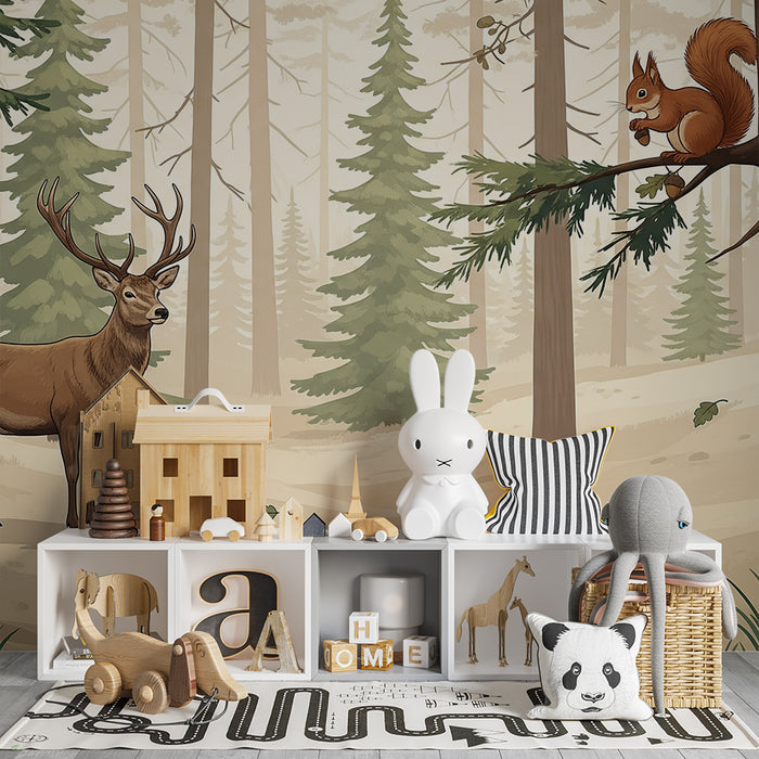 Papier peint chambre enfant | Forêt enchantée avec cerf, écureuil et hérisson