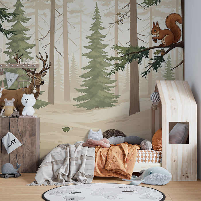 Papier peint chambre enfant | Forêt enchantée avec cerf, écureuil et hérisson