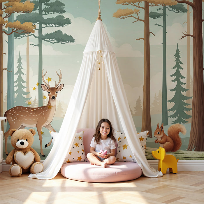 Papier peint chambre enfant | Forêt enchantée avec cerf et écureuil