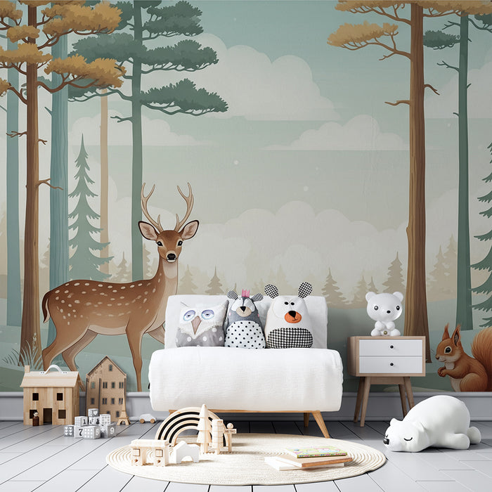 Papier peint chambre enfant | Forêt enchantée avec cerf et écureuil