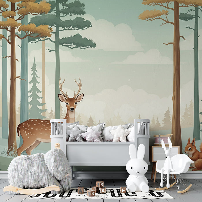 Papier peint chambre enfant | Forêt enchantée avec cerf et écureuil