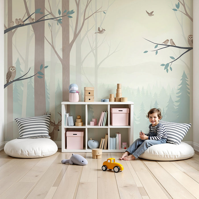 Papier peint chambre enfant | Forêt enchantée avec cerf et hiboux
