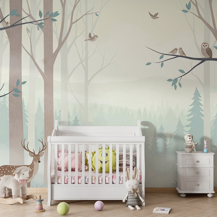 Papier peint chambre enfant | Forêt enchantée avec cerf et hiboux