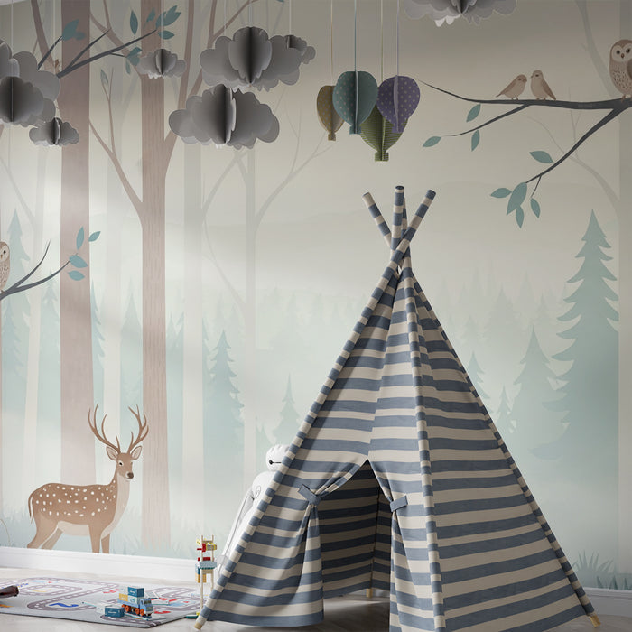 Papier peint chambre enfant | Forêt enchantée avec cerf et hiboux