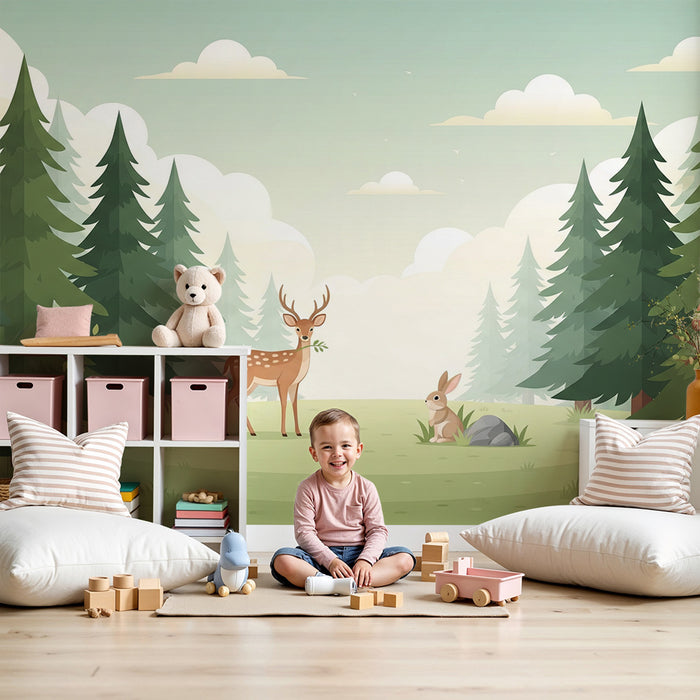 **Tapete Kinderzimmer | Verzauberter Wald mit Hirsch, Hase und Eichhörnchen**