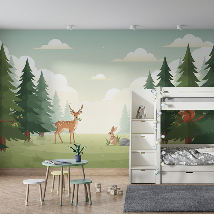 **Tapete Kinderzimmer | Verzauberter Wald mit Hirsch, Hase und Eichhörnchen**
