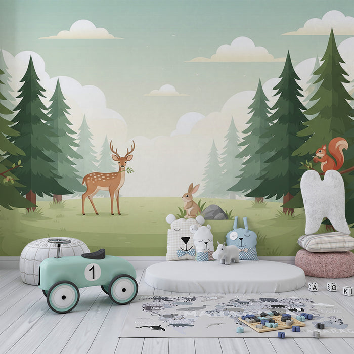 **Tapete Kinderzimmer | Verzauberter Wald mit Hirsch, Hase und Eichhörnchen**
