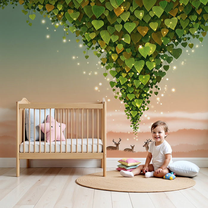 Kids room wallpaper | Magical forest with deer and glowing foliage