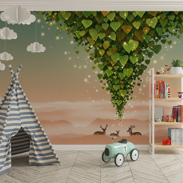 Kids room wallpaper | Magical forest with deer and glowing foliage