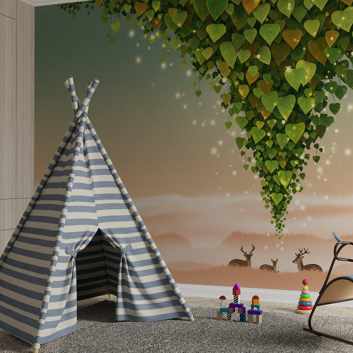 Kids room wallpaper | Magical forest with deer and glowing foliage