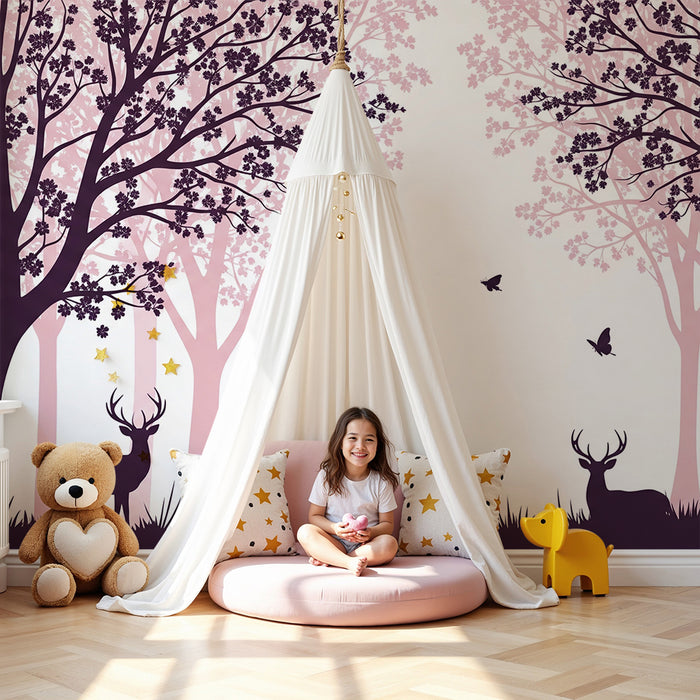 Kids room wallpaper | Enchanted forest with deer and pink flowers