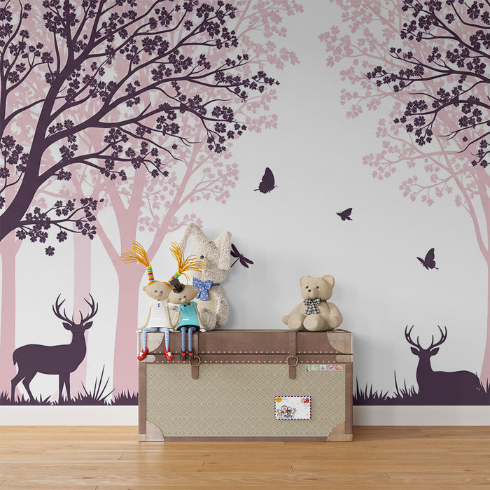 Kids room wallpaper | Enchanted forest with deer and pink flowers