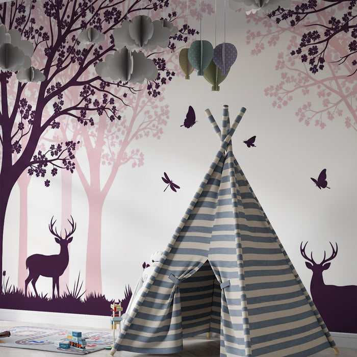 Kids room wallpaper | Enchanted forest with deer and pink flowers