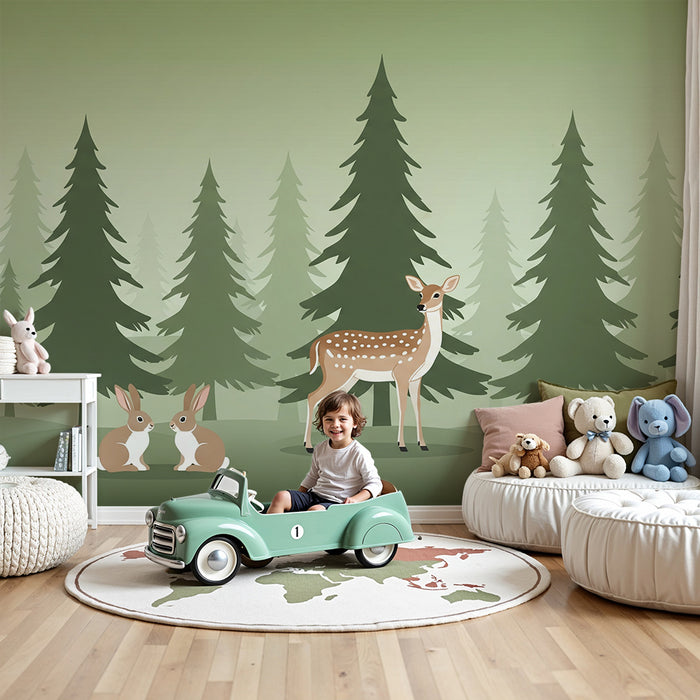 Papel de parede infantil | Floresta encantada com veados e coelhos