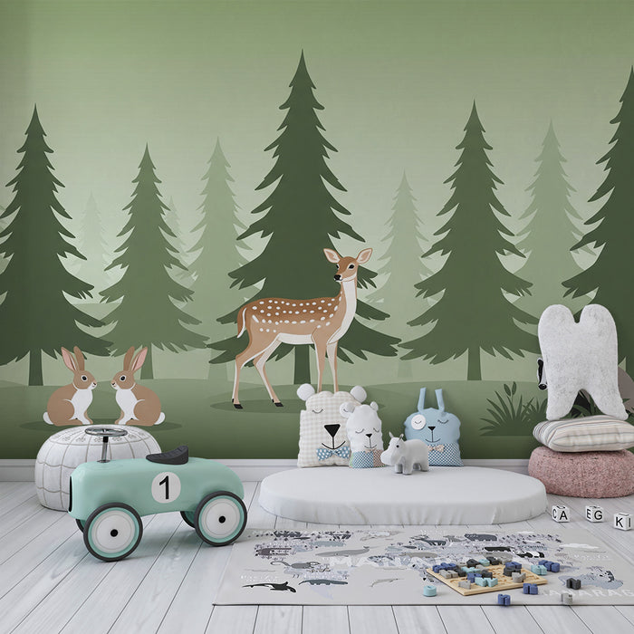 Papel de parede infantil | Floresta encantada com veados e coelhos