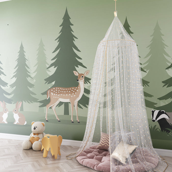 Papel de parede infantil | Floresta encantada com veados e coelhos