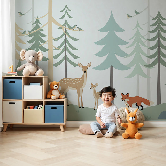 Papel de parede quarto infantil | Floresta encantada com veados e raposa