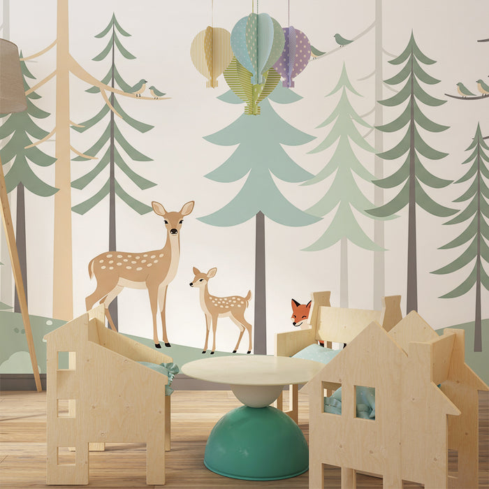 Papel de parede quarto infantil | Floresta encantada com veados e raposa