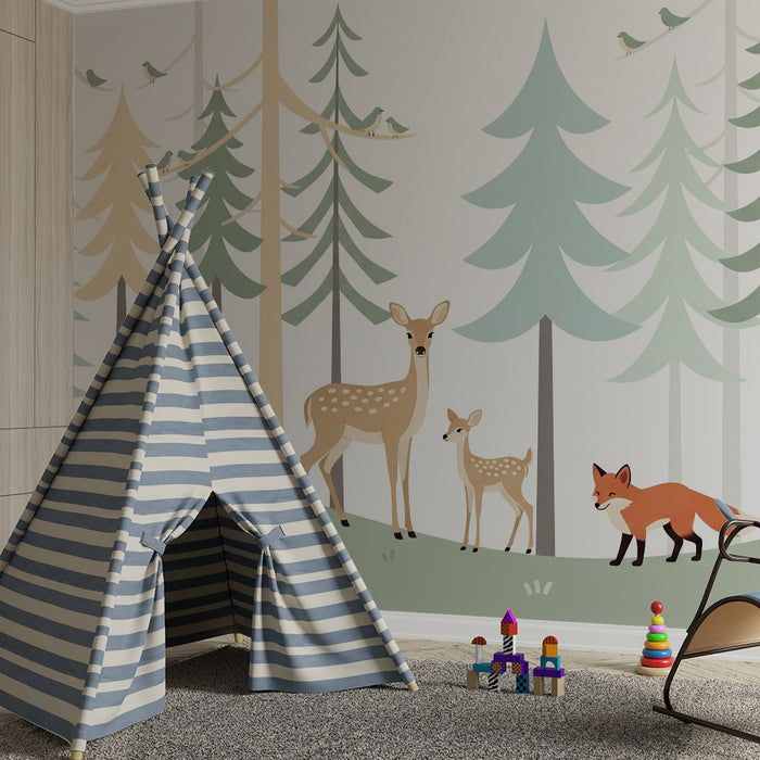 Papel de parede quarto infantil | Floresta encantada com veados e raposa
