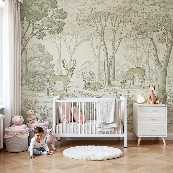 Papel pintado infantil | Bosque encantado con ciervos y arroyo