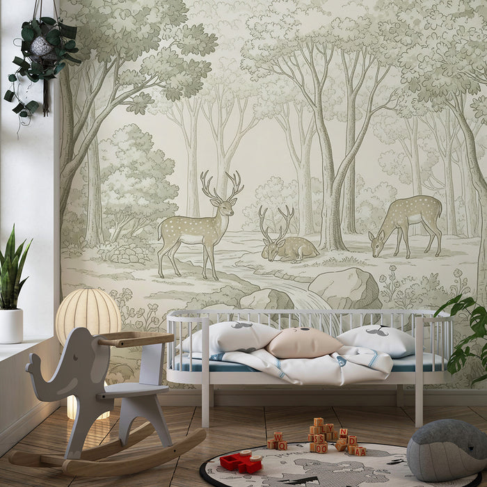 Papel pintado infantil | Bosque encantado con ciervos y arroyo