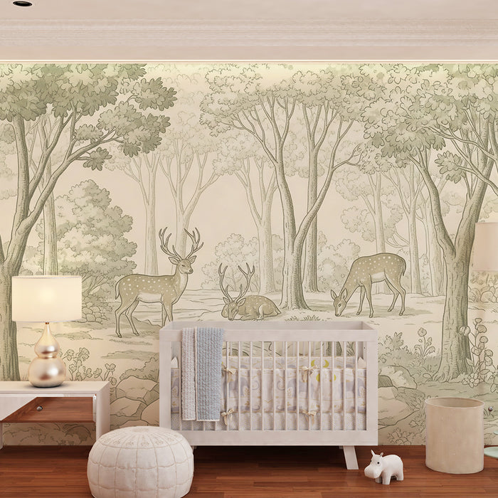 Papel pintado infantil | Bosque encantado con ciervos y arroyo
