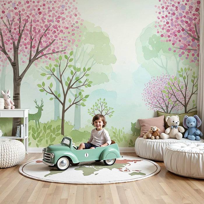 Papier peint chambre enfant | Forêt enchantée avec cerisiers en fleurs et animaux