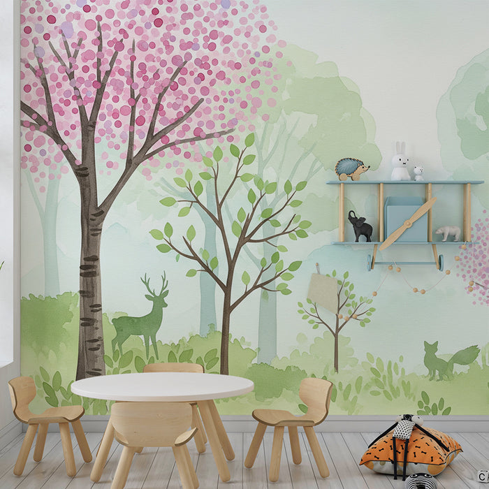Papier peint chambre enfant | Forêt enchantée avec cerisiers en fleurs et animaux