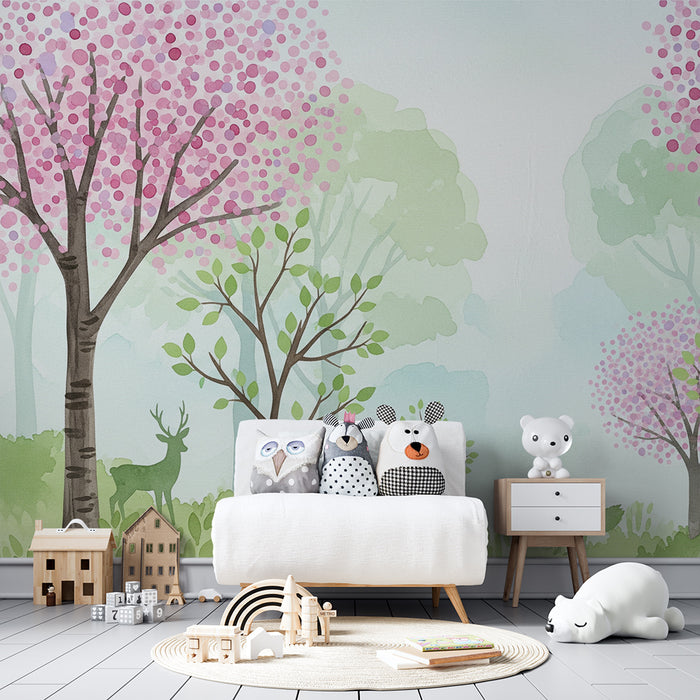 Papier peint chambre enfant | Forêt enchantée avec cerisiers en fleurs et animaux