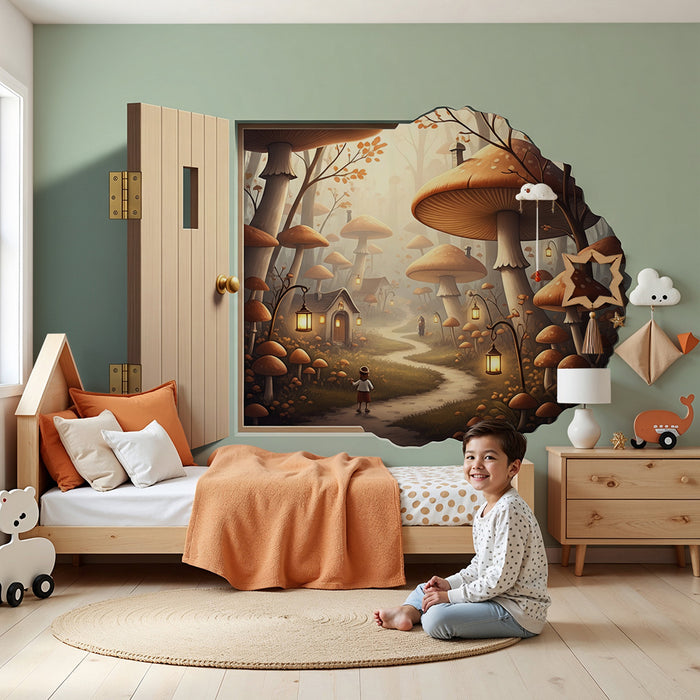 Carta da parati per camera bambini | Foresta incantata con funghi e lanterne luminose
