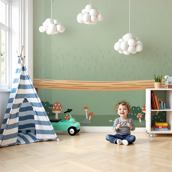 Papel de parede infantil | Floresta encantada com cogumelos e tronco de árvore