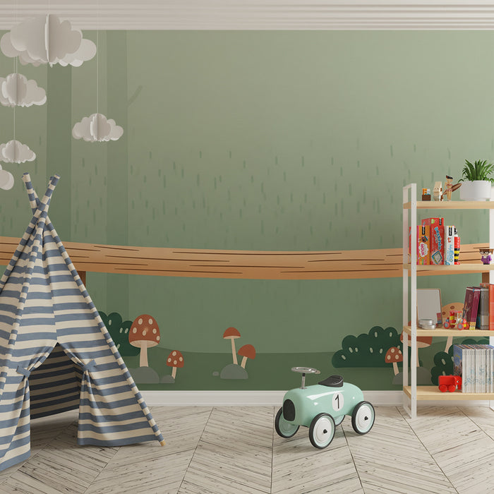 Papel de parede infantil | Floresta encantada com cogumelos e tronco de árvore