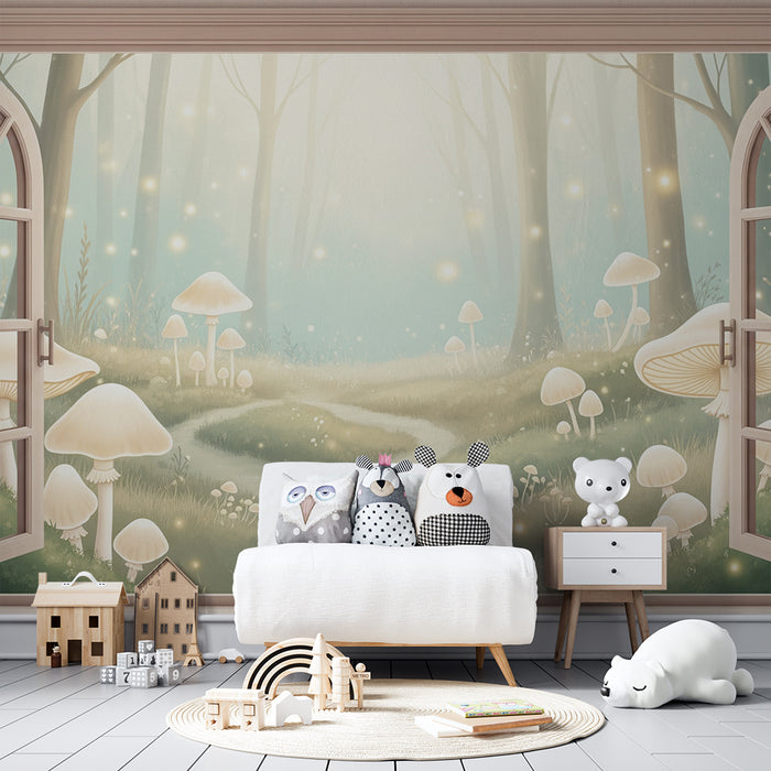 Behang kinderkamer | Magisch bos met lichtgevende paddenstoelen