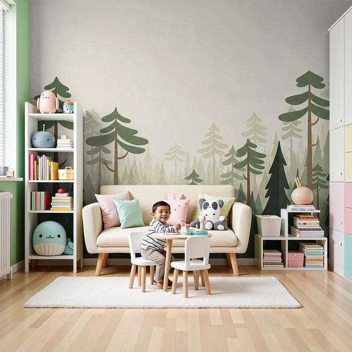Papel pintado infantil | Bosque encantado con árboles estilizados