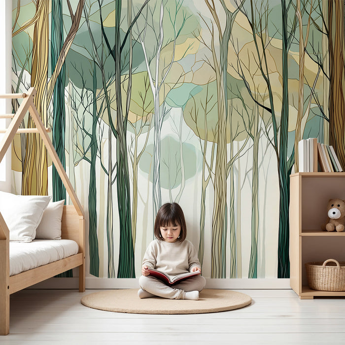 Papier peint chambre enfant | Forêt enchantée avec des arbres stylisés et des couleurs douces
