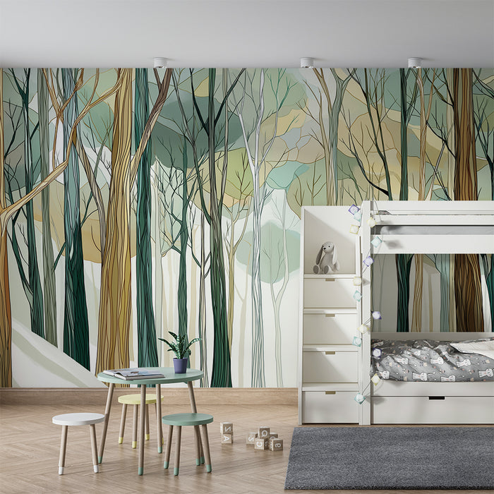 Papier peint chambre enfant | Forêt enchantée avec des arbres stylisés et des couleurs douces