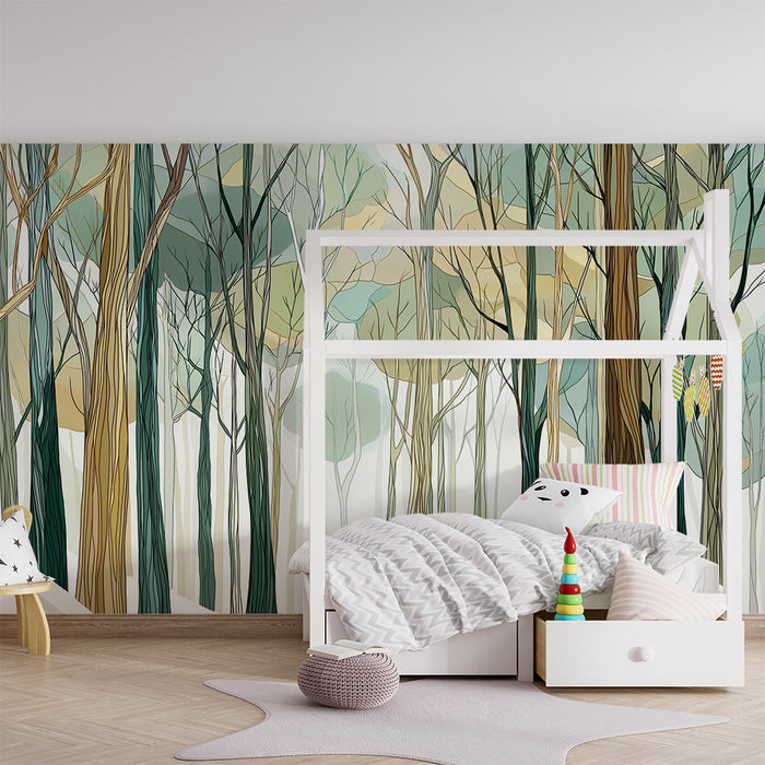 Papier peint chambre enfant | Forêt enchantée avec des arbres stylisés et des couleurs douces