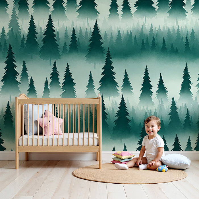 Behang kinderkamer | Betoverend bos met majestueuze dennen